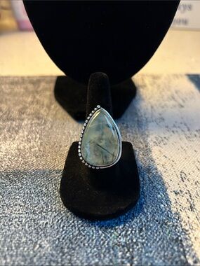 Sterling Silver Prehnite Teardrop Gemstone Statement Ring Size 7